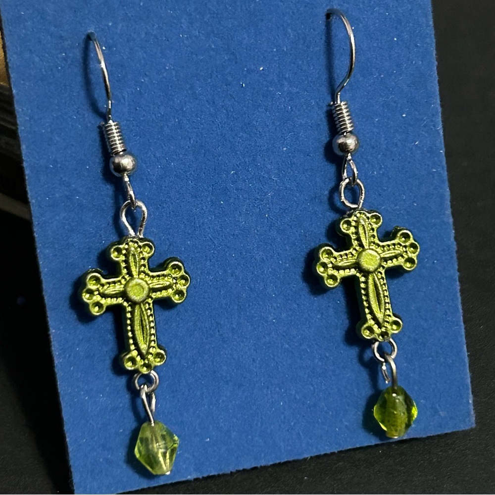Green Cross Bead Earrings